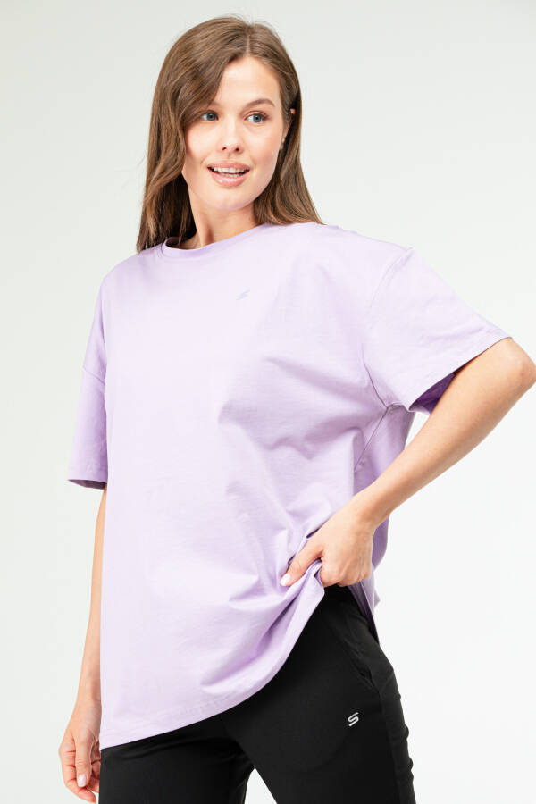 Lila Oversize Basic 100% Pamuk Bisiklet Yaka Kısa Kol Kadın Tişört SF0756 - Speedlife (1)