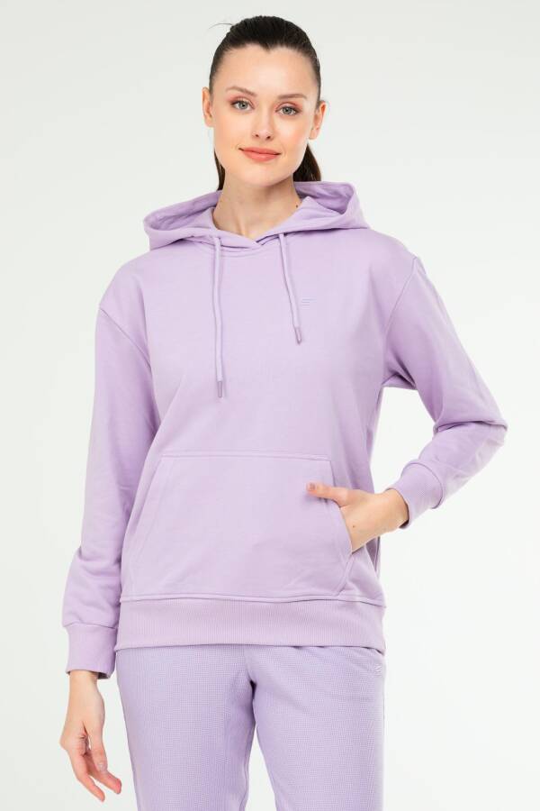 Lila Oversize Basic Pamuklu Kapüşonlu Kanguru Cep Kadın Sweatshirt SC1242 - Speedlife