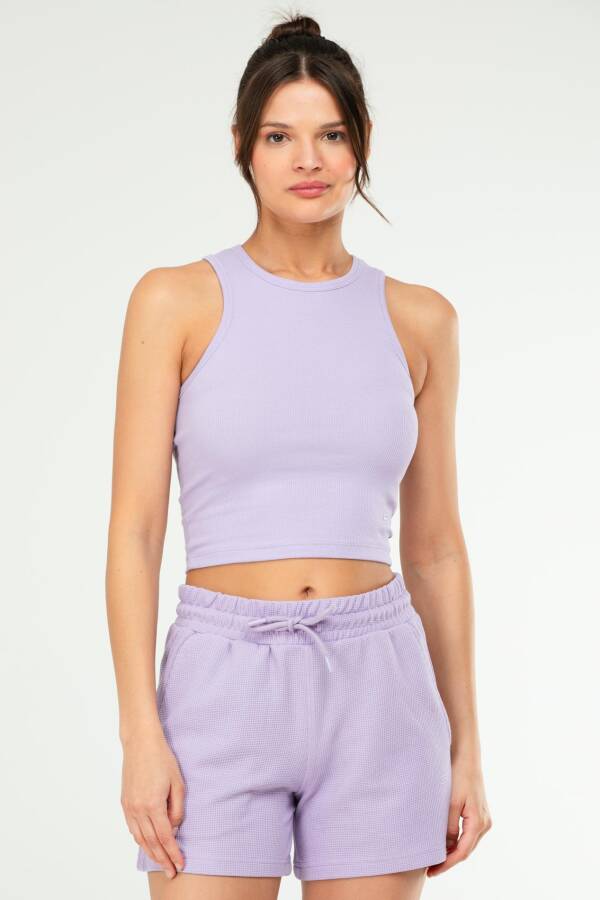 Lila Slim Fit Basic Kaşkorse Bisiklet Yaka Kısa Kol Crop Kadın Body SF0762 - Speedlife
