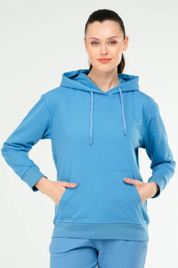 Mavi Oversize Basic Pamuklu Kapüşonlu Kanguru Cep Kadın Sweatshirt SC1242 - Speedlife