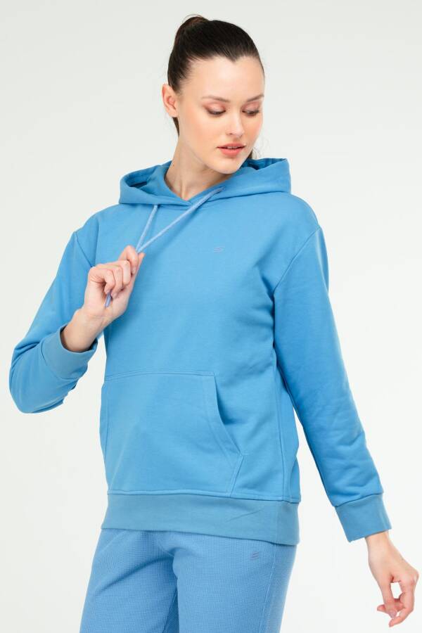 Mavi Oversize Basic Pamuklu Kapüşonlu Kanguru Cep Kadın Sweatshirt SC1242 - Speedlife (1)