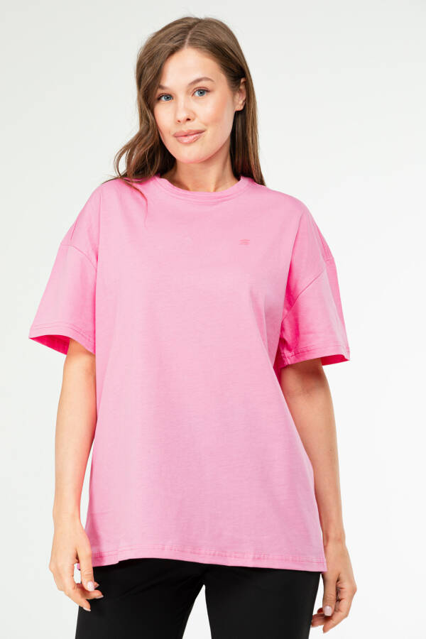 Pembe Oversize Basic 100% Pamuk Bisiklet Yaka Kısa Kol Kadın Tişört SF0756 - Speedlife