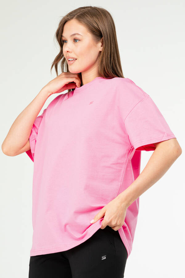Pembe Oversize Basic 100% Pamuk Bisiklet Yaka Kısa Kol Kadın Tişört SF0756 - Speedlife (1)