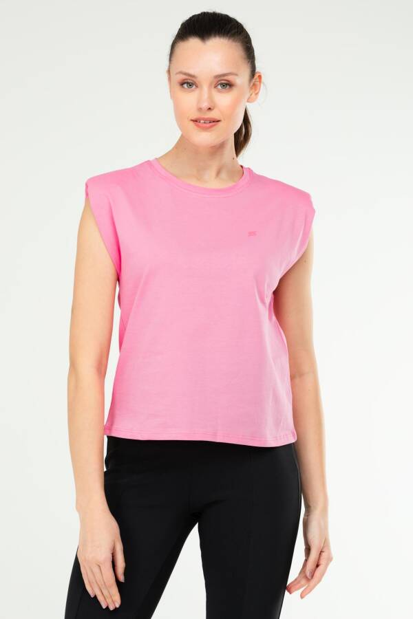 Pembe Oversize Basic 100% Pamuk Bisiklet Yaka Kolsuz Vatkalı Kadın Tişört sf0758 - Speedlife