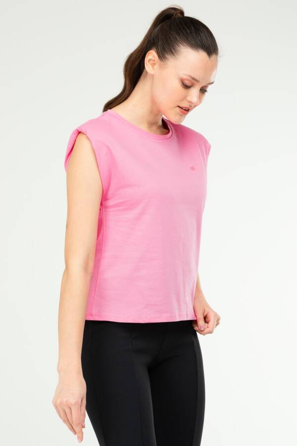 Pembe Oversize Basic 100% Pamuk Bisiklet Yaka Kolsuz Vatkalı Kadın Tişört sf0758 - Speedlife (1)