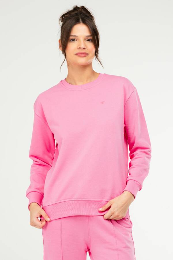 Pembe Oversize Basic Pamuklu Bisiklet Yaka Uzun Kol Kadın Sweatshirt SC1241 - Speedlife