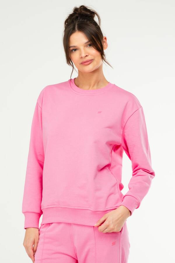 Pembe Oversize Basic Pamuklu Bisiklet Yaka Uzun Kol Kadın Sweatshirt SC1241 - Speedlife (1)