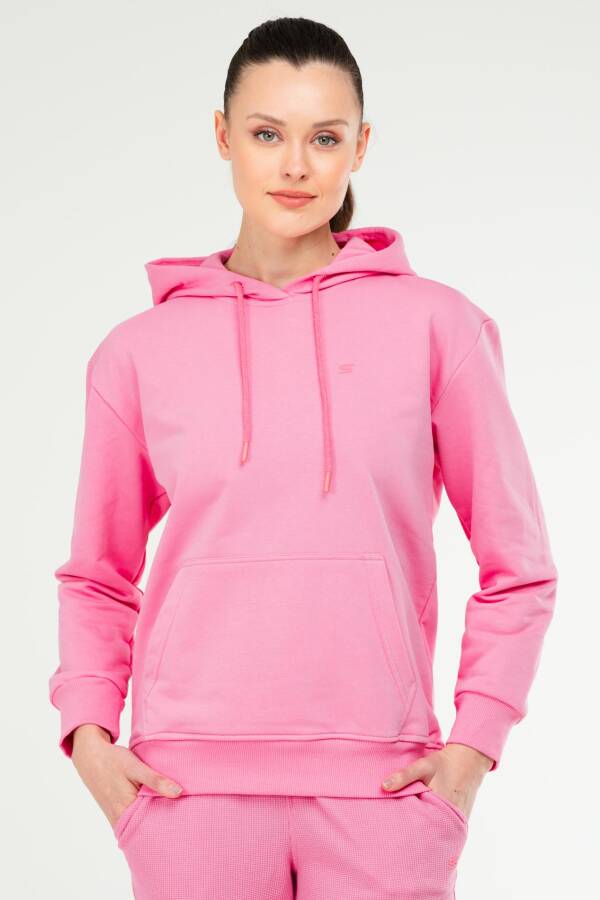 Pembe Oversize Basic Pamuklu Kapüşonlu Kanguru Cep Kadın Sweatshirt SC1242 - Speedlife