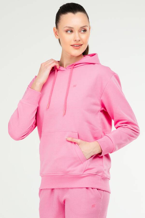 Pembe Oversize Basic Pamuklu Kapüşonlu Kanguru Cep Kadın Sweatshirt SC1242 - Speedlife (1)