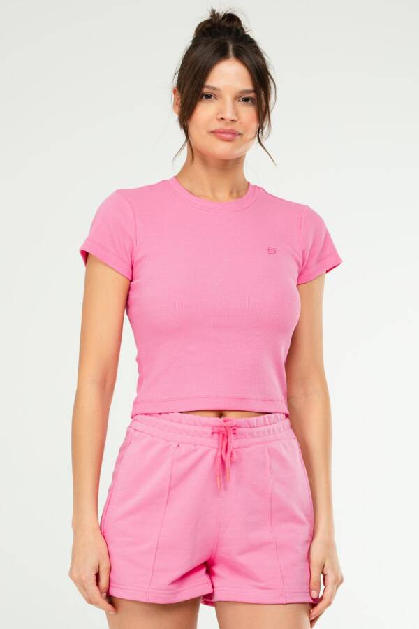 Pembe Slim Fit Basic Kaşkorse Bisiklet Yaka Kısa Kol Crop Kadın Body SF0757 - Speedlife