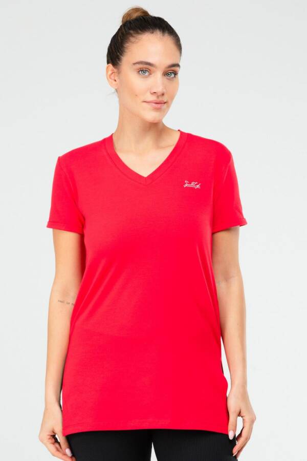 Pembe Slim Fit Pamuklu V Yaka Kısa Kol Kadın Tişört sf0390 - Speedlife