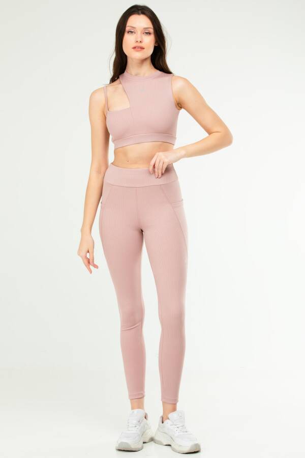 Pudra Slim Fit Yüksek Bel Toparlayıcı Kadın Tayt Takım sb0849 - Speedlife