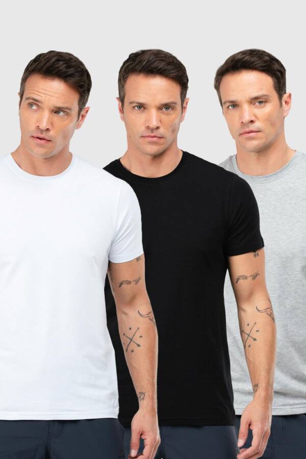 Siyah Beyaz Açık Gri Regular Pamuklu Bisiklet Yaka Kısa Kol Basic Erkek Tişört XF1708P - Speedlife (1)