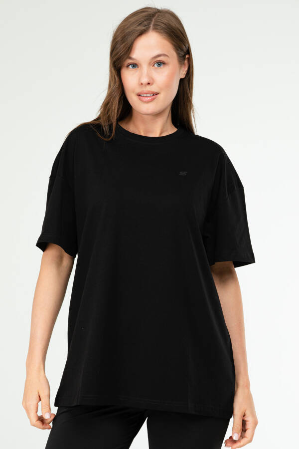 Siyah Oversize Basic 100% Pamuk Bisiklet Yaka Kısa Kol Kadın Tişört SF0756 - Speedlife
