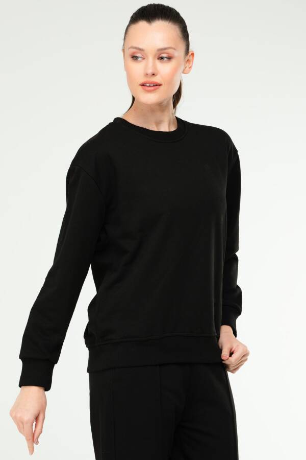 Siyah Oversize Basic Pamuklu Bisiklet Yaka Uzun Kol Kadın Sweatshirt SC1241 - Speedlife (1)