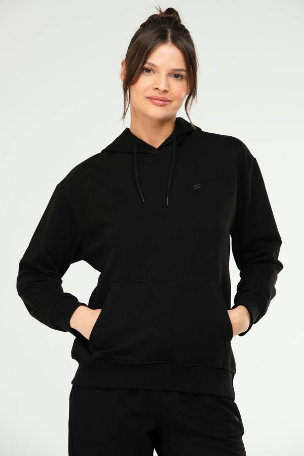 Siyah Oversize Basic Pamuklu Kapüşonlu Kanguru Cep Kadın Sweatshirt SC1242 - Speedlife