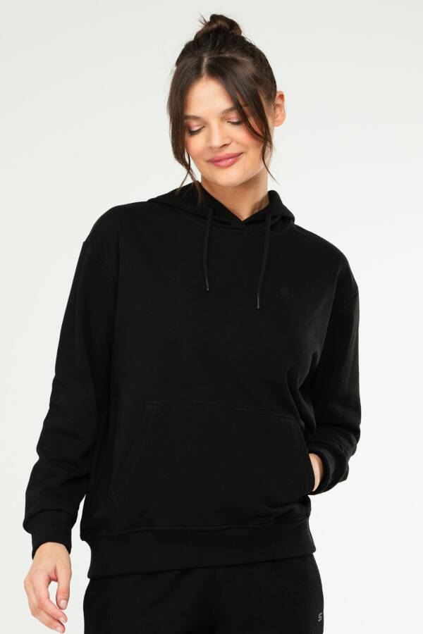 Siyah Oversize Basic Pamuklu Kapüşonlu Kanguru Cep Kadın Sweatshirt SC1242 - Speedlife (1)