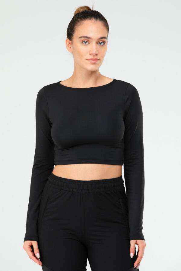 Siyah Regular Bisiklet Yaka Uzun Kol Crop Top Kadın Tişört sf0653 - Speedlife