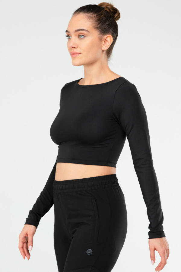 Siyah Regular Bisiklet Yaka Uzun Kol Crop Top Kadın Tişört sf0653 - Speedlife (1)