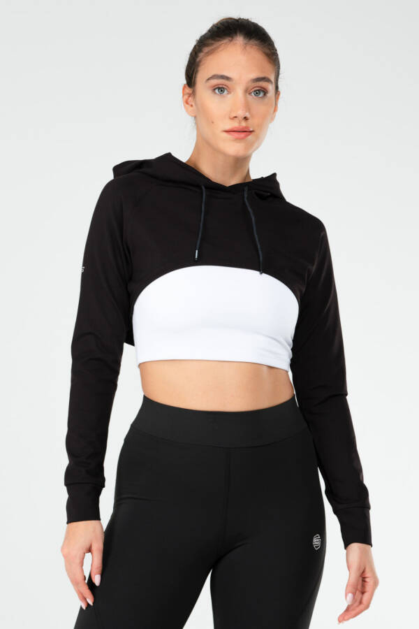 Siyah Regular Dalgıç Kumaş Kapüşonlu Crop Kadın Sweatshirt sc1189 - Speedlife