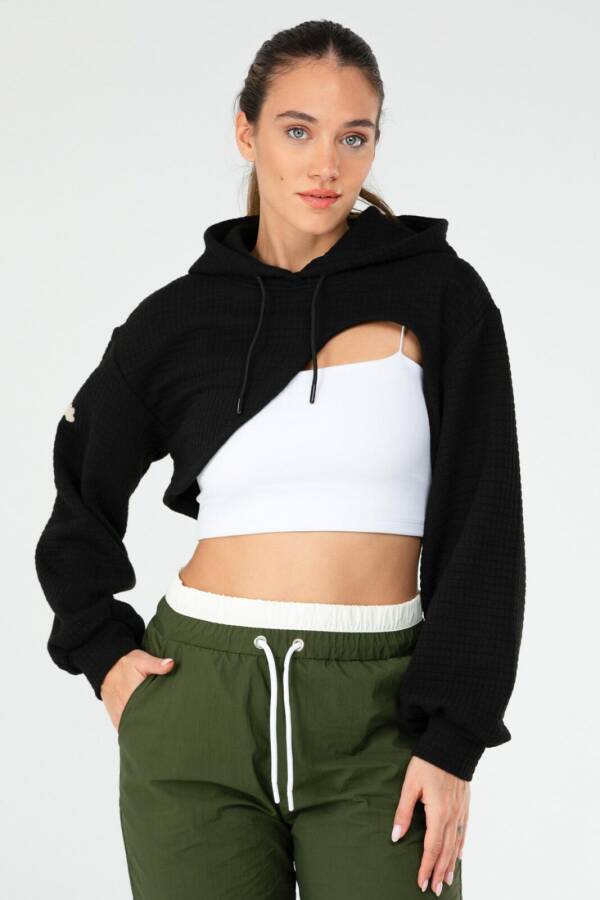 Siyah Regular Kareli Kapüşonlu Crop Kadın Sweatshirt sc1185 - Speedlife