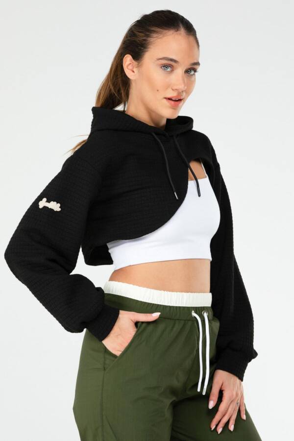 Siyah Regular Kareli Kapüşonlu Crop Kadın Sweatshirt sc1185 - Speedlife (1)