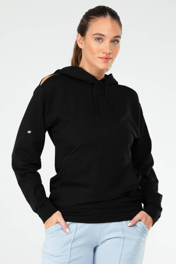 Siyah Regular Pamuklu Kapüşonlu Kanguru Cep Kadın Sweatshirt sc1179 - Speedlife
