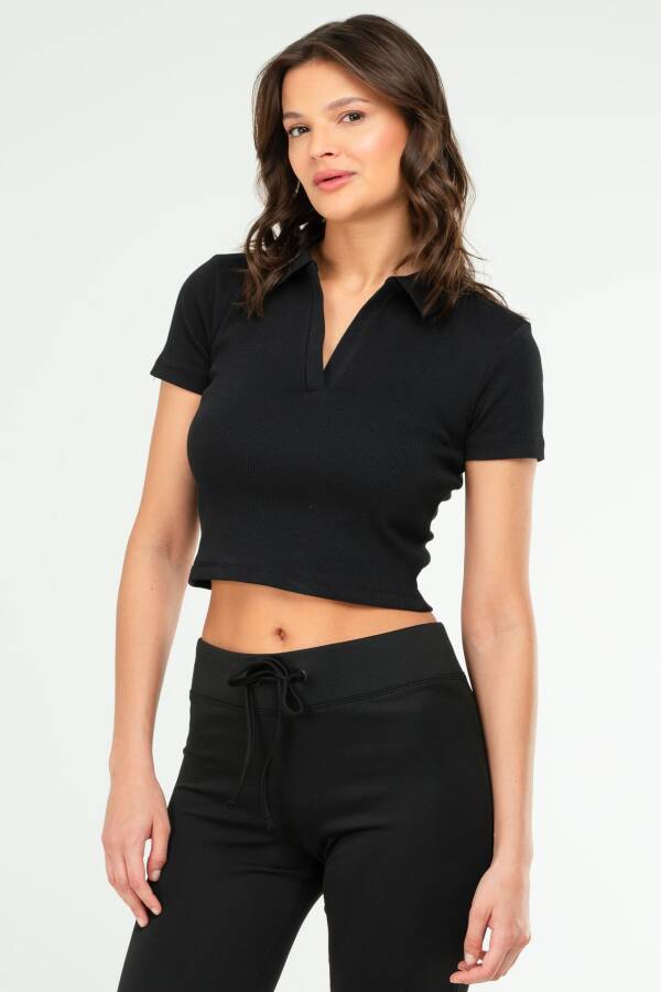 Siyah Regular Pamuklu Polo Yaka Kaşkorse Kadın Tişört sf0739 - Speedlife (1)