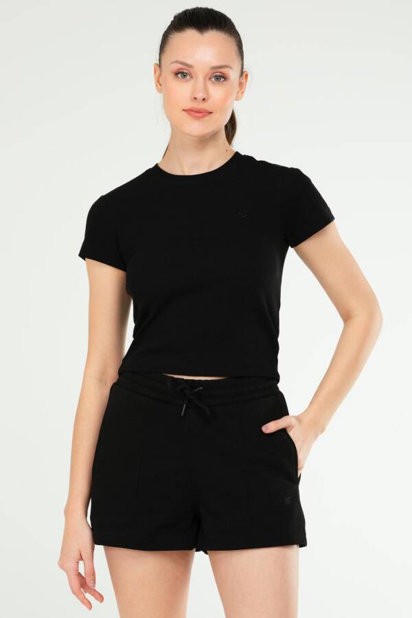 Siyah Slim Fit Basic Kaşkorse Bisiklet Yaka Kısa Kol Crop Kadın Body sf0757 - Speedlife