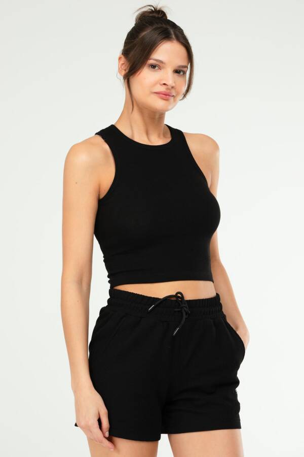 Siyah Slim Fit Basic Kaşkorse Bisiklet Yaka Kısa Kol Crop Kadın Body SF0762 - Speedlife