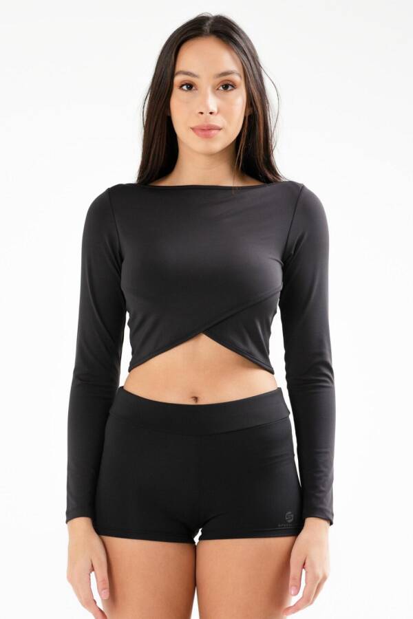 Siyah Slim Fit Likralı Bisiklet Yaka Uzun Kol Kadın Tişört sc0980 - Speedlife