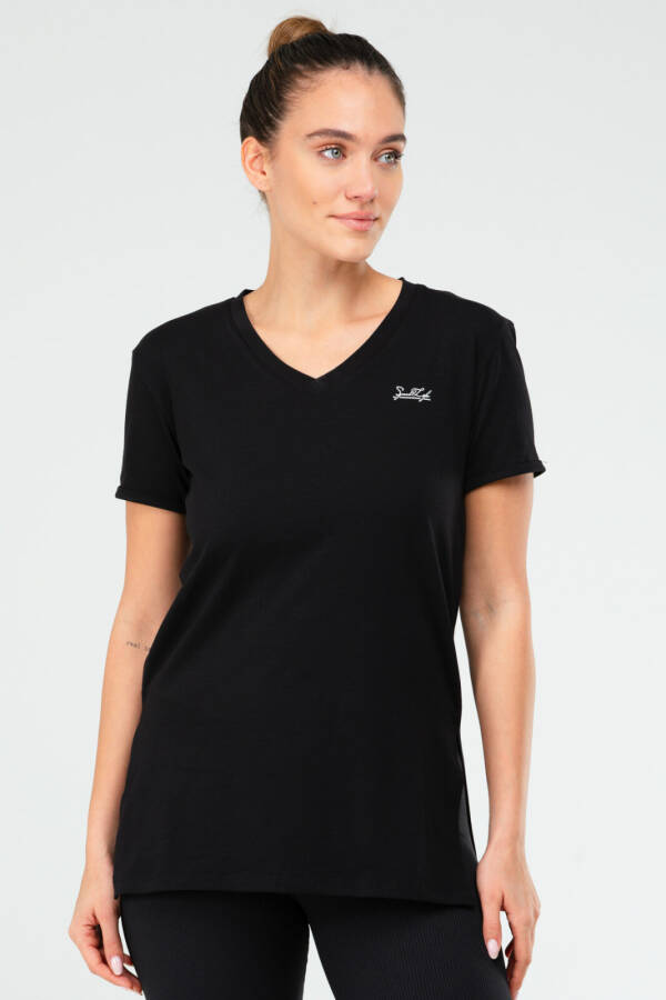 Siyah Slim Fit Pamuklu V Yaka Kısa Kol Kadın Tişört sf0390 - Speedlife