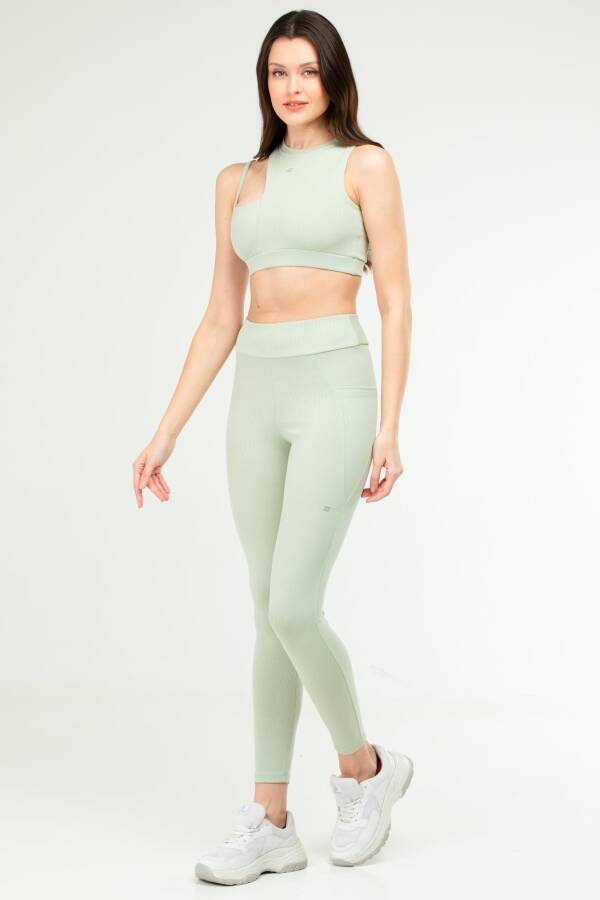 Yağ Yeşili Slim Fit Yüksek Bel Toparlayıcı Kadın Tayt Takım sb0849 - Speedlife
